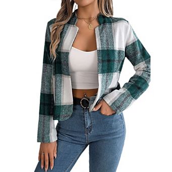 Women's Flannel Plaid Cropped Shacket Jacket Fashion Blazers Shirt Coat Tops