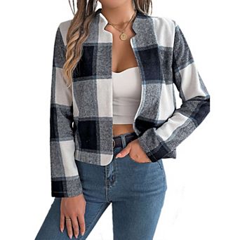 Women's Flannel Plaid Cropped Shacket Jacket Fashion Blazers Shirt Coat Tops