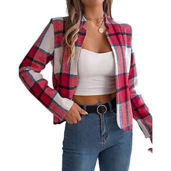 Women's Flannel Plaid Cropped Shacket Jacket Fashion Blazers Shirt Coat Tops