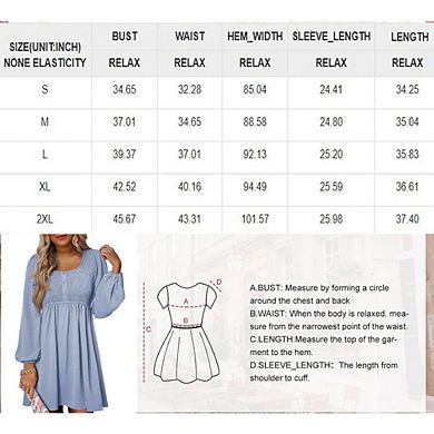 Womens Smocked Crewneck Button Up Long Sleeve Empire Waist A-Line Mini Dress Elegant Dresses