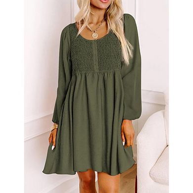 Womens Smocked Crewneck Button Up Long Sleeve Empire Waist A-Line Mini Dress Elegant Dresses