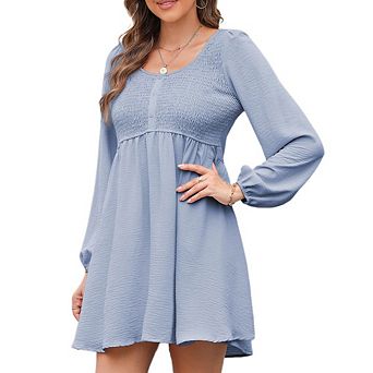 Womens Smocked Crewneck Button Up Long Sleeve Empire Waist A-Line Mini Dress Elegant Dresses