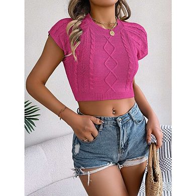 Women's Cap Sleeve Tops Round Neck Knitted Top Pullovers Sweater