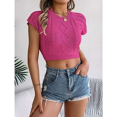 Women's Cap Sleeve Tops Round Neck Knitted Top Pullovers Sweater