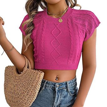 Women's Cap Sleeve Tops Round Neck Knitted Top Pullovers Sweater