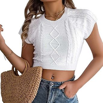 Women's Cap Sleeve Tops Round Neck Knitted Top Pullovers Sweater
