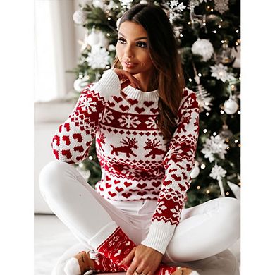 Womens Christmas Snowflake Reindeer Cropped Sweater Fall Long Sleeve Chunky Knit Pullover Sweater