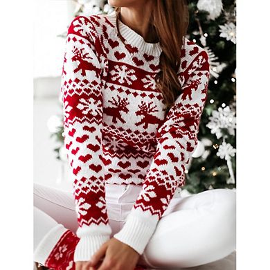 Womens Christmas Snowflake Reindeer Cropped Sweater Fall Long Sleeve Chunky Knit Pullover Sweater