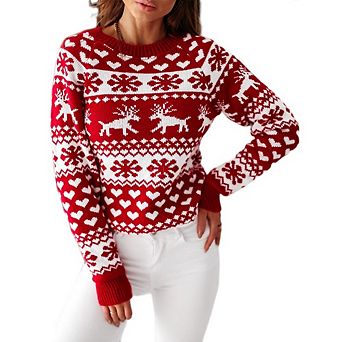 Womens Christmas Snowflake Reindeer Cropped Sweater Fall Long Sleeve Chunky Knit Pullover Sweater