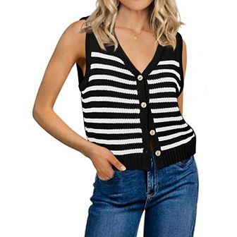 Womens Striped Sweater Vest Sleeveless Ribbed Tank Tops Color Block Trendy Button Down Shirts