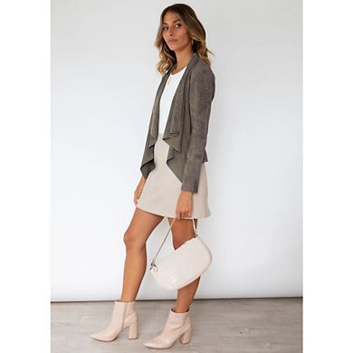 Womens Faux Suede Open Front Jacket Cardigan Fall Loose Lapel Solid Long Sleeve Draped Cropped Coat