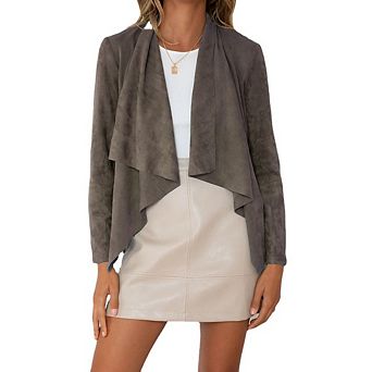 Womens Faux Suede Open Front Jacket Cardigan Fall Loose Lapel Solid Long Sleeve Draped Cropped Coat