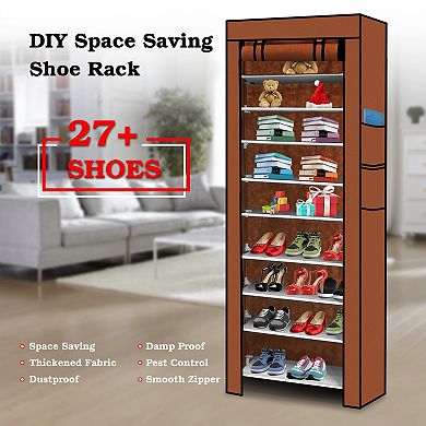 iMounTEK 10-Tier DIY Shoe Cabinet, Dustproof Non-Woven Fabric Rack Holds 27 Pairs, Brown