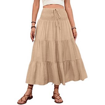 Women Summer Flowy Boho Maxi Skirt Trendy Smocked Waist Ruffle Tiered A Line Casual Beach Long Dress