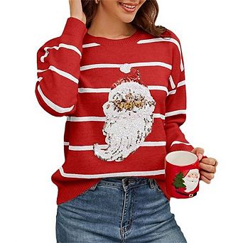 Retro Santa Sweater for Women Vintage Christmas knit Sweaters Crewneck Oversized Long Sleeve Tops