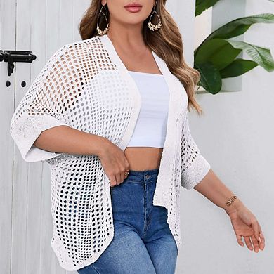 Women's Plus Size Hollow Out Asymmetrical Hem Cardigan Open Front Short Sleeve Lightweight Sweater