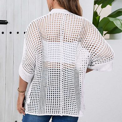 Women's Plus Size Hollow Out Asymmetrical Hem Cardigan Open Front Short Sleeve Lightweight Sweater