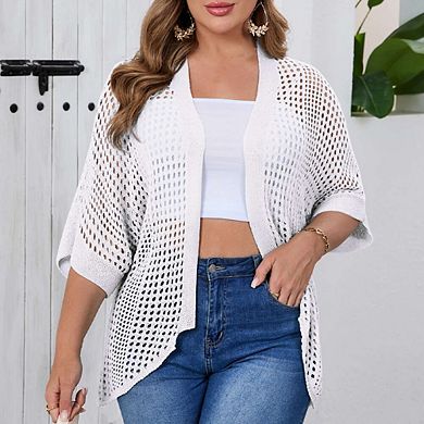 Women's Plus Size Hollow Out Asymmetrical Hem Cardigan Open Front Short Sleeve Lightweight Sweater