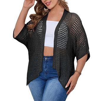 Women's Plus Size Hollow Out Asymmetrical Hem Cardigan Open Front Short Sleeve Lightweight Sweater