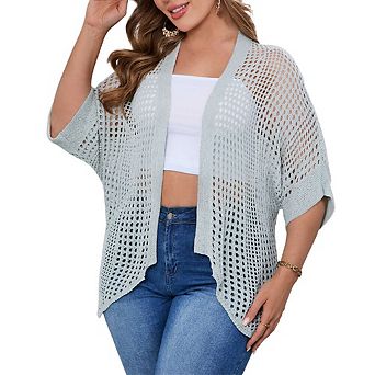 Women's Plus Size Hollow Out Asymmetrical Hem Cardigan Open Front Short Sleeve Lightweight Sweater