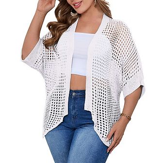 Women's Plus Size Hollow Out Asymmetrical Hem Cardigan Open Front Short Sleeve Lightweight Sweater