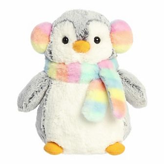 Aurora Small Rainbow Festive Stuffed Animal 9" Pompom Muffs & Scarf PomPom Penguin