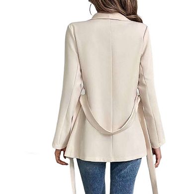 Women's Casual Blazers Long Sleeve Open Front Suit Work Office Blazers Jacket with Wrap-Belted
