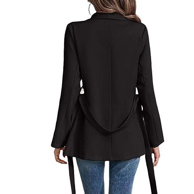 Women's Casual Blazers Long Sleeve Open Front Suit Work Office Blazers Jacket with Wrap-Belted