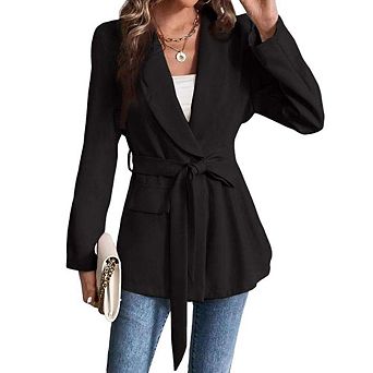 Women's Casual Blazers Long Sleeve Open Front Suit Work Office Blazers Jacket with Wrap-Belted