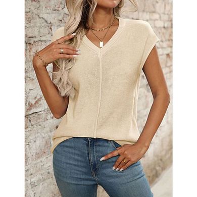 Womens Summer Cap Sleeve Tops V Neck Casual Loose Fit Knit Lightweight Sweater Pullover Top