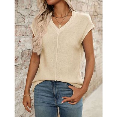 Womens Summer Cap Sleeve Tops V Neck Casual Loose Fit Knit Lightweight Sweater Pullover Top
