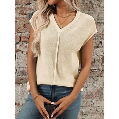 Womens Summer Cap Sleeve Tops V Neck Casual Loose Fit Knit Lightweight Sweater Pullover Top