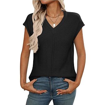 Womens Summer Cap Sleeve Tops V Neck Casual Loose Fit Knit Lightweight Sweater Pullover Top