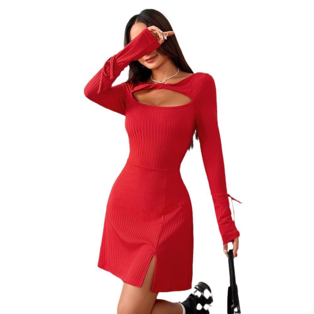 Womens Long Sleeve Sweater Dress Cut Out Bodycon Mini Fall Dress Trendy  Ribbed Ladies Winter
