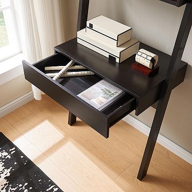 GOMYHOME Ladder Shelf Desk with Storage, Leaning Bookcase with Shelves & Drawer, Espresso