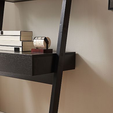 GOMYHOME Ladder Shelf Desk with Storage, Leaning Bookcase with Shelves & Drawer, Espresso