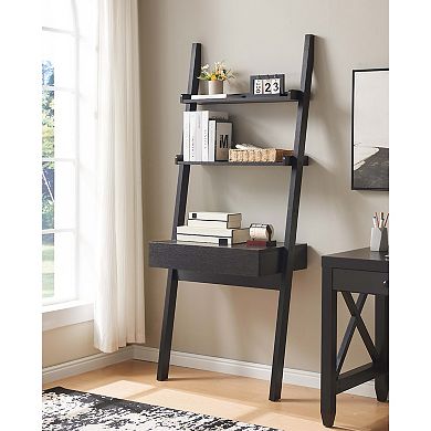 GOMYHOME Ladder Shelf Desk with Storage, Leaning Bookcase with Shelves & Drawer, Espresso