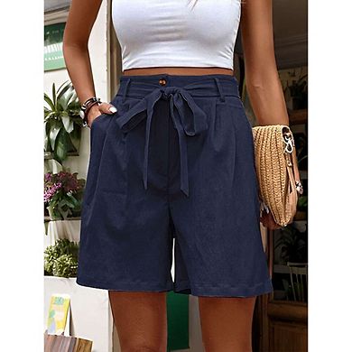 Women Short Pants Casual Tie Front Shorts Elastic High Waisted with Pockets