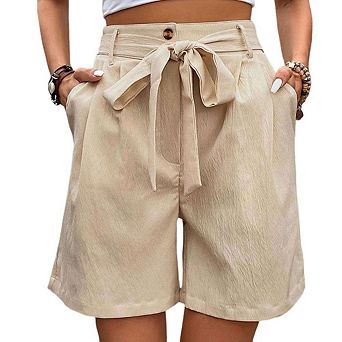 Women Short Pants Casual Tie Front Shorts Elastic High Waisted with Pockets