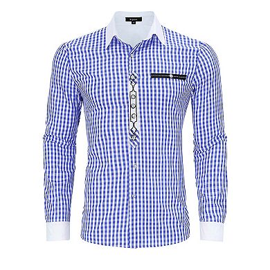 Men's Plaid Long Sleeve Button Down German Bavarian Oktoberfest Shirt with Roll-Up Sleeves
