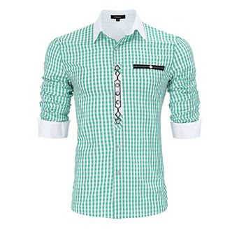 Men's Plaid Long Sleeve Button Down German Bavarian Oktoberfest Shirt with Roll-Up Sleeves