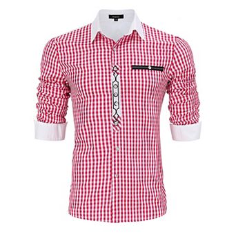 Men's Plaid Long Sleeve Button Down German Bavarian Oktoberfest Shirt with Roll-Up Sleeves