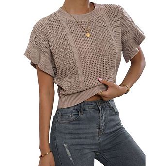 Women's Ruffled Short Sleeve Cropped Sweater Tops Cute Chunky Fall Knit Crop Sweaters