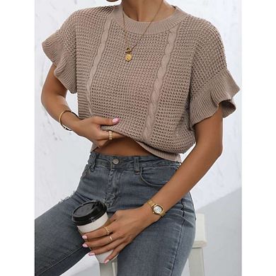 Women's Ruffled Short Sleeve Cropped Sweater Tops Cute Chunky Fall Knit Crop Sweaters