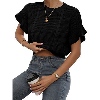 Women's Ruffled Short Sleeve Cropped Sweater Tops Cute Chunky Fall Knit Crop Sweaters