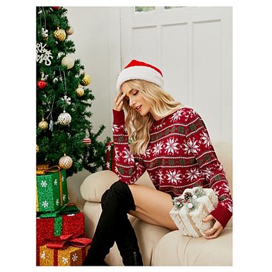 Womens Christmas Sweater Ugly Casual Crewneck Long Sleeve Snowflower Knit Pullover Sweater Tops