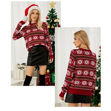 Womens Christmas Sweater Ugly Casual Crewneck Long Sleeve Snowflower Knit Pullover Sweater Tops