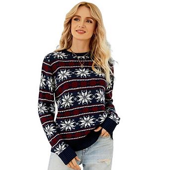 Womens Christmas Sweater Ugly Casual Crewneck Long Sleeve Snowflower Knit Pullover Sweater Tops