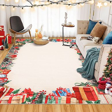 Christmas Gift Print Non-Slip Rubber Backing Indoor Area Rug Holiday Home Decor for Living Room