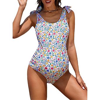 Maternity One Piece Swimsuit Pregnancy Bathing Suit Round Neck Tied Swimwear